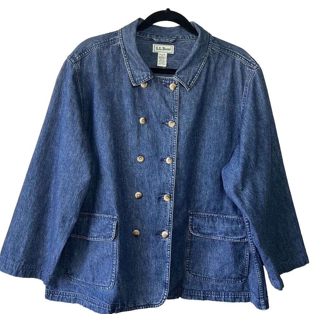 L.L.Bean Blue Peacoat Smock Jacket Collared Button Pockets Women's Petite 16
